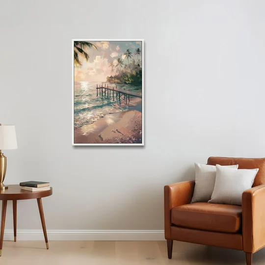 Seaside Tranquil Waters - White Framed Canvas Wall Art - Sofa - 24x36