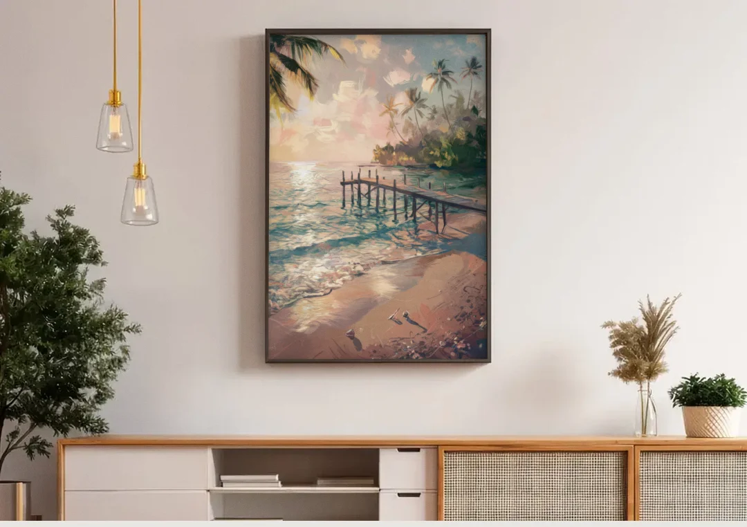 Seaside Tranquil Waters canvas wall art above a wooden sideboard under pendant lights