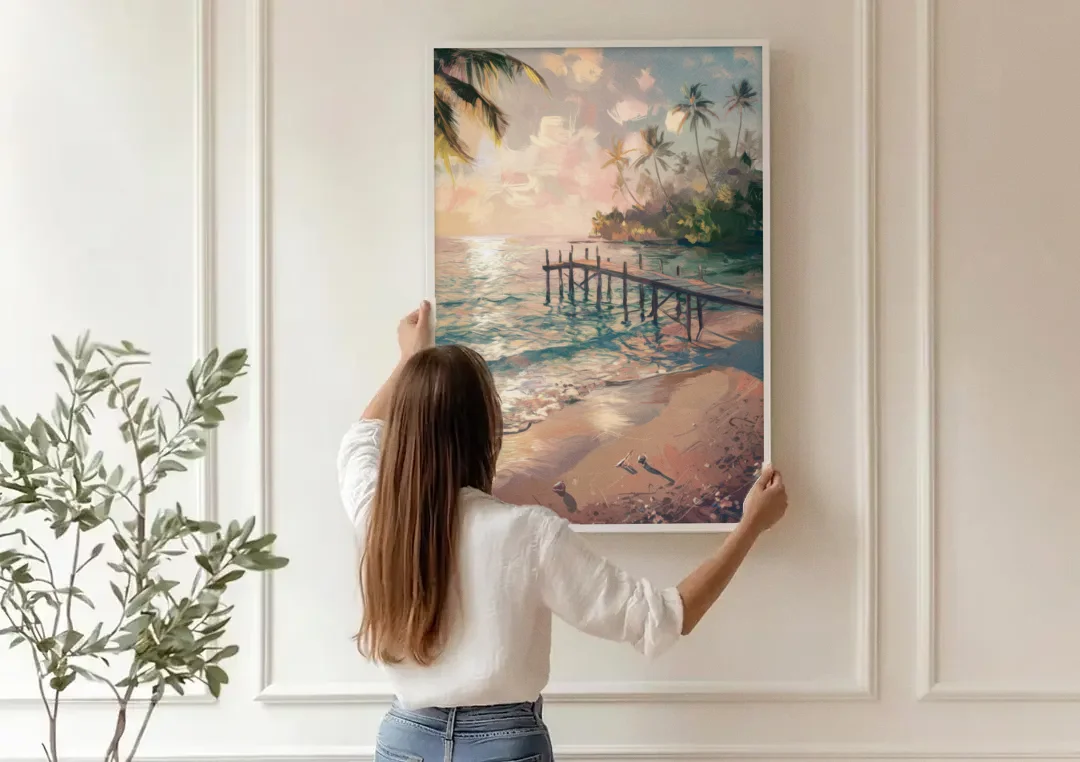 Seaside Tranquil Waters canvas wall art being hung on a paneled wall