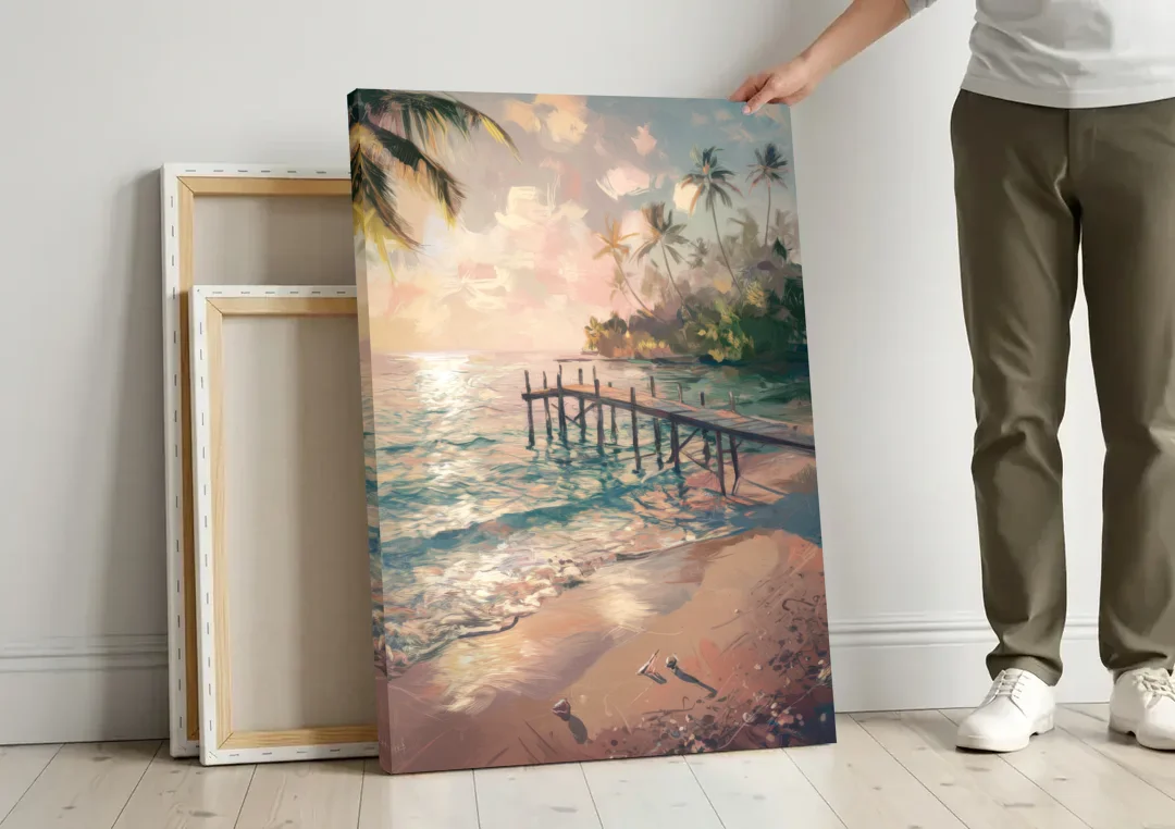 Seaside Tranquil Waters canvas wall art leaning against a wall next to blank canvases