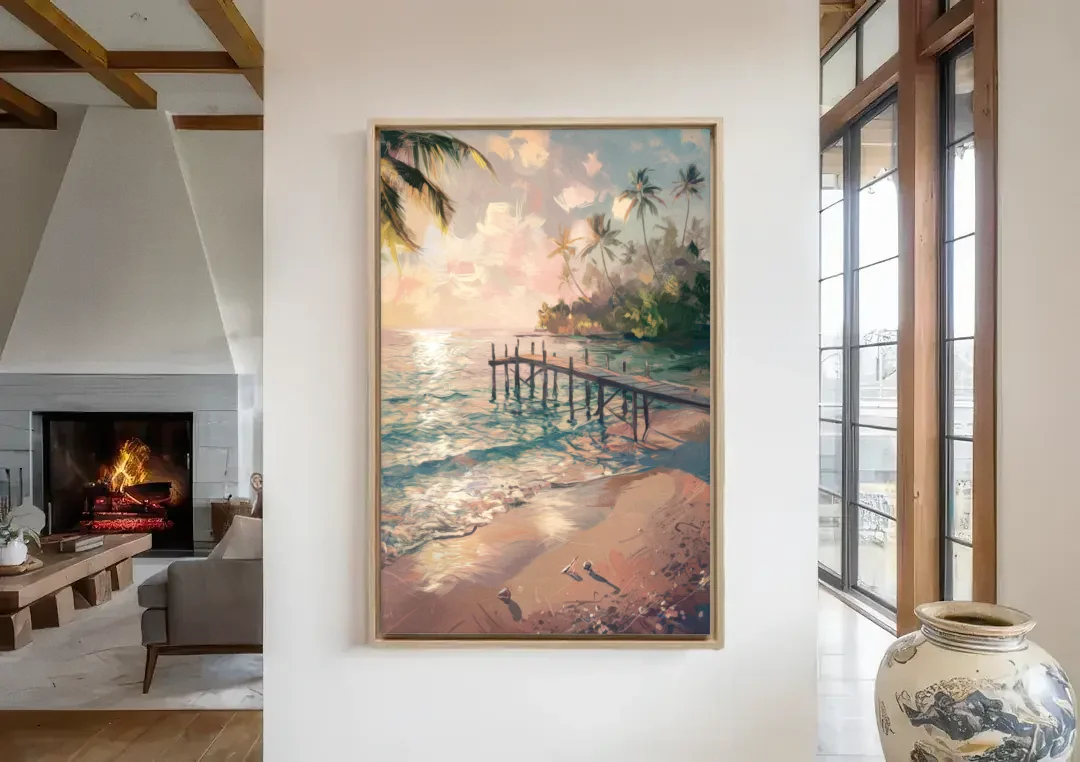 Seaside Tranquil Waters canvas wall art in a living room with a fireplace