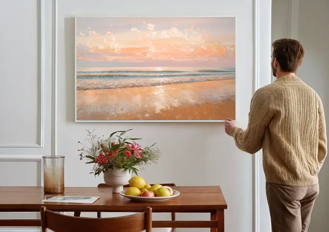 Seaside Waves And Sand canvas wall art above a dining table