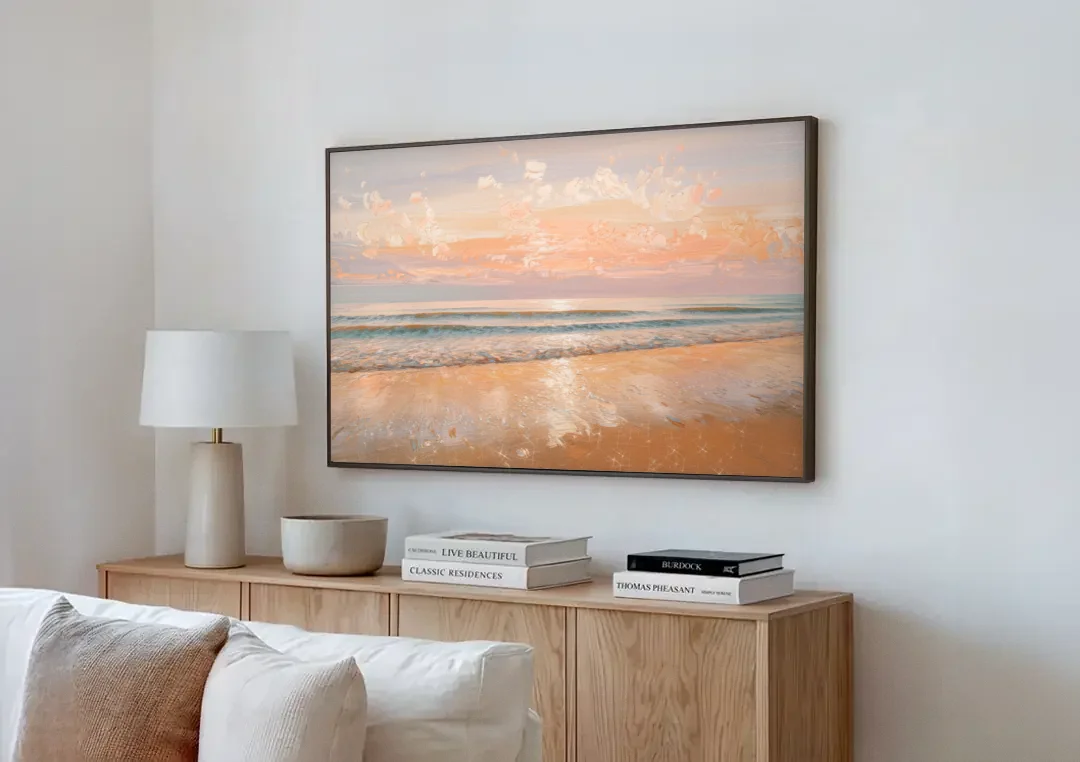 Seaside Waves And Sand canvas wall art above a wooden sideboard next to a sofa