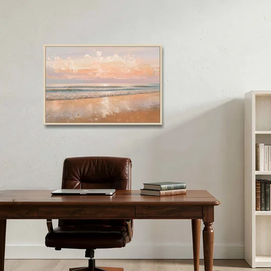 Seaside Waves And Sand - Oak Framed Canvas Wall Art - Office - 36x24