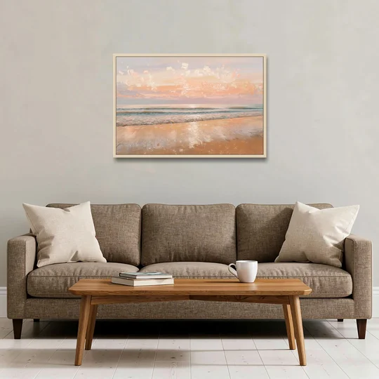 Seaside Waves And Sand - Oak Framed Canvas Wall Art - Sofa - 36x24