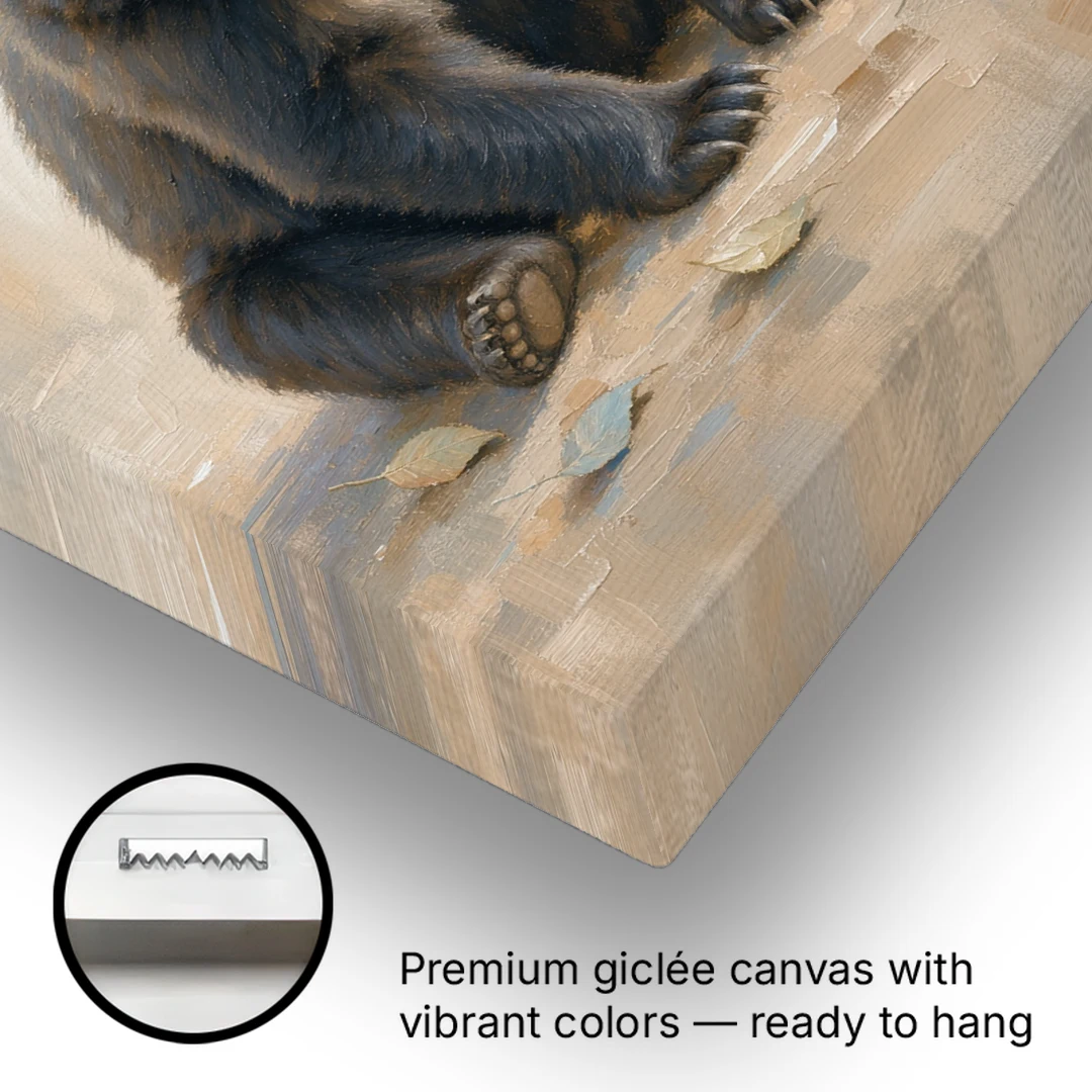 Seated Bear Cub with Fallen Leaves for the Nursery - Canvas Wall Art - Gallery Wrap Corner