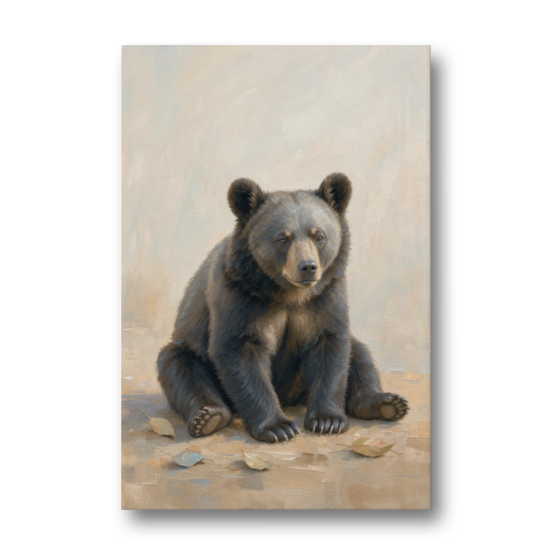 Seated Bear Cub with Fallen Leaves for the Nursery - Canvas Wall Art - Front