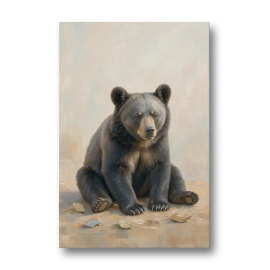 Seated Bear Cub with Fallen Leaves for the Nursery - Canvas Wall Art - Front