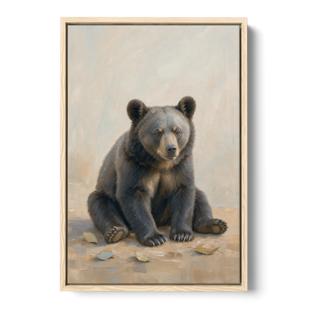 Seated Bear Cub with Fallen Leaves for the Nursery - Oak Framed Canvas Wall Art - Front