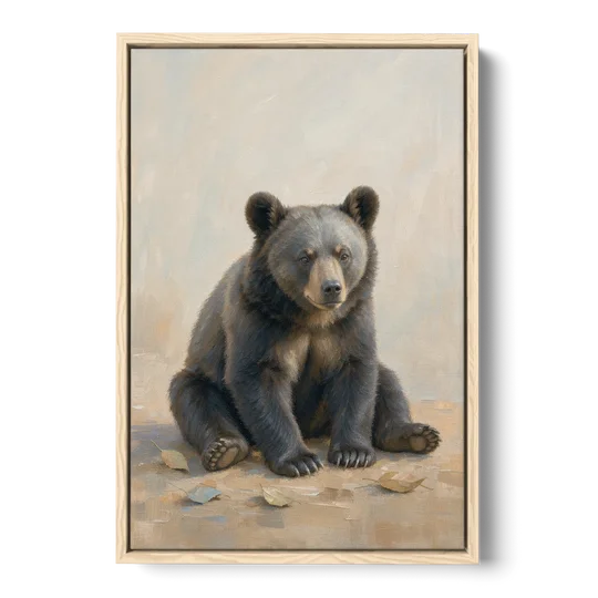 Seated Bear Cub with Fallen Leaves for the Nursery - Oak Framed Canvas Wall Art - Front