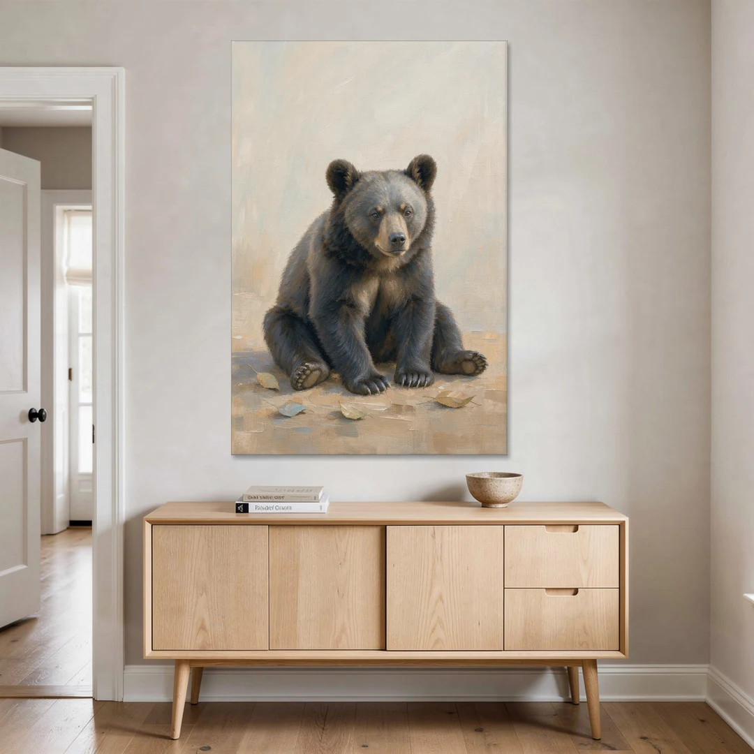 Seated Bear Cub with Fallen Leaves for the Nursery - Canvas Wall Art - Coffee Table - 40x60
