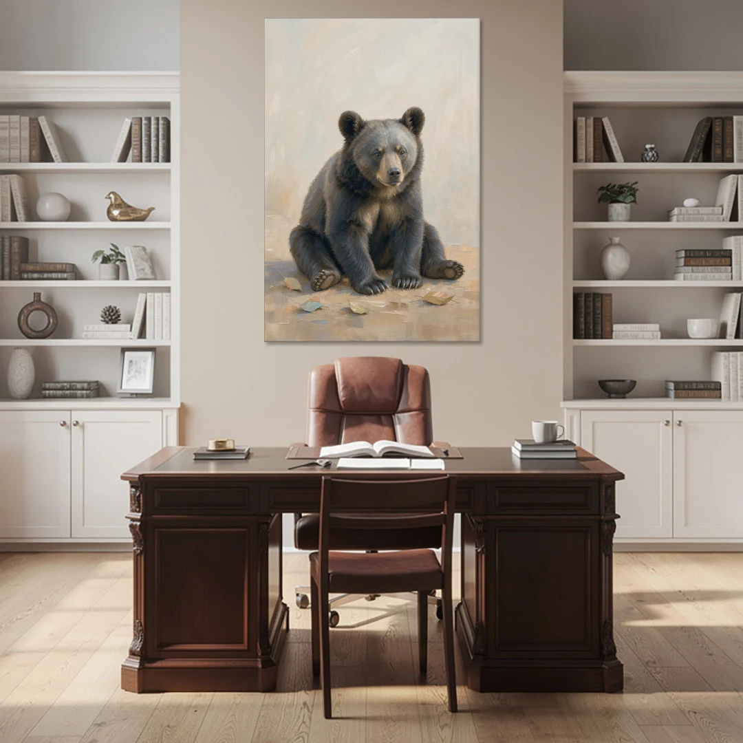 Seated Bear Cub with Fallen Leaves for the Nursery - Canvas Wall Art - Office - 40x60