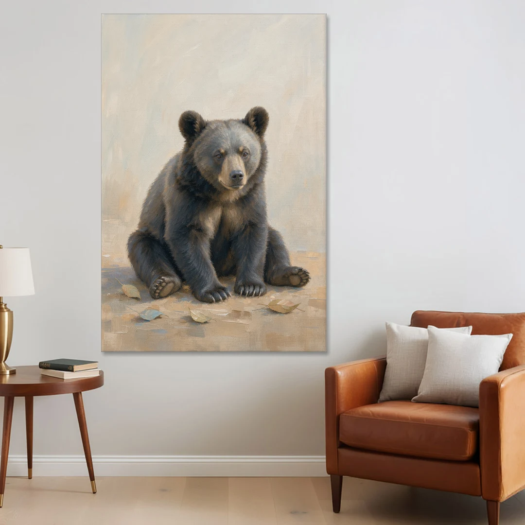 Seated Bear Cub with Fallen Leaves for the Nursery - Canvas Wall Art - Sofa - 40x60