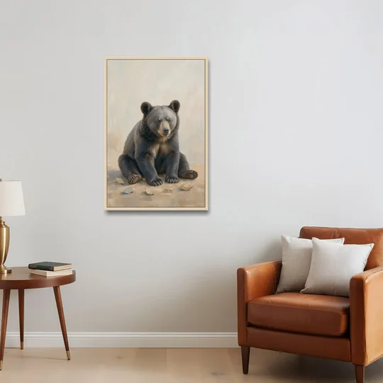 Seated Bear Cub with Fallen Leaves for the Nursery - Oak Framed Canvas Wall Art - Sofa - 24x36