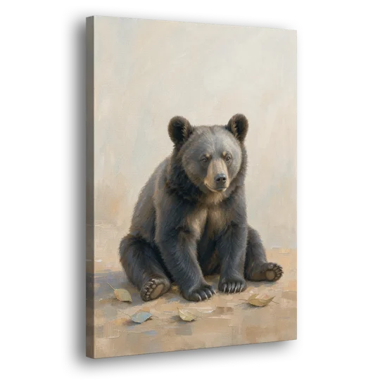 Seated Bear Cub with Fallen Leaves for the Nursery - Canvas Wall Art - Side