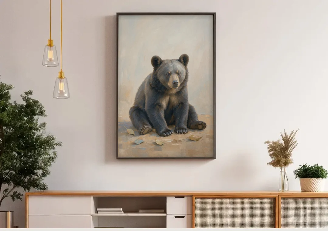 Seated Bear Cub with Fallen Leaves for the Nursery canvas wall art above a wooden sideboard under pendant lights