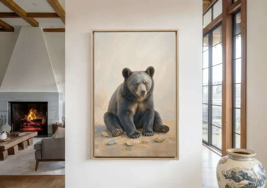 Seated Bear Cub with Fallen Leaves for the Nursery canvas wall art in a living room with a fireplace