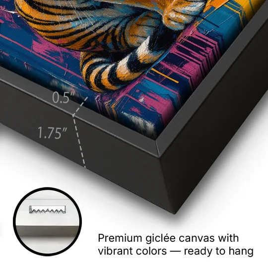 Seated Tiger in Pink and Turquoise Strokes - Black Framed Canvas Wall Art - Gallery Wrap Corner