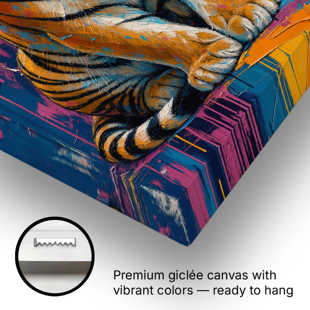 Seated Tiger in Pink and Turquoise Strokes - Canvas Wall Art - Gallery Wrap Corner