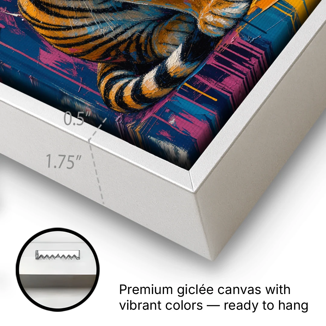 Seated Tiger in Pink and Turquoise Strokes - White Framed Canvas Wall Art - Gallery Wrap Corner