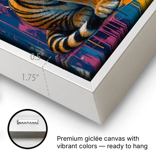 Seated Tiger in Pink and Turquoise Strokes - White Framed Canvas Wall Art - Gallery Wrap Corner
