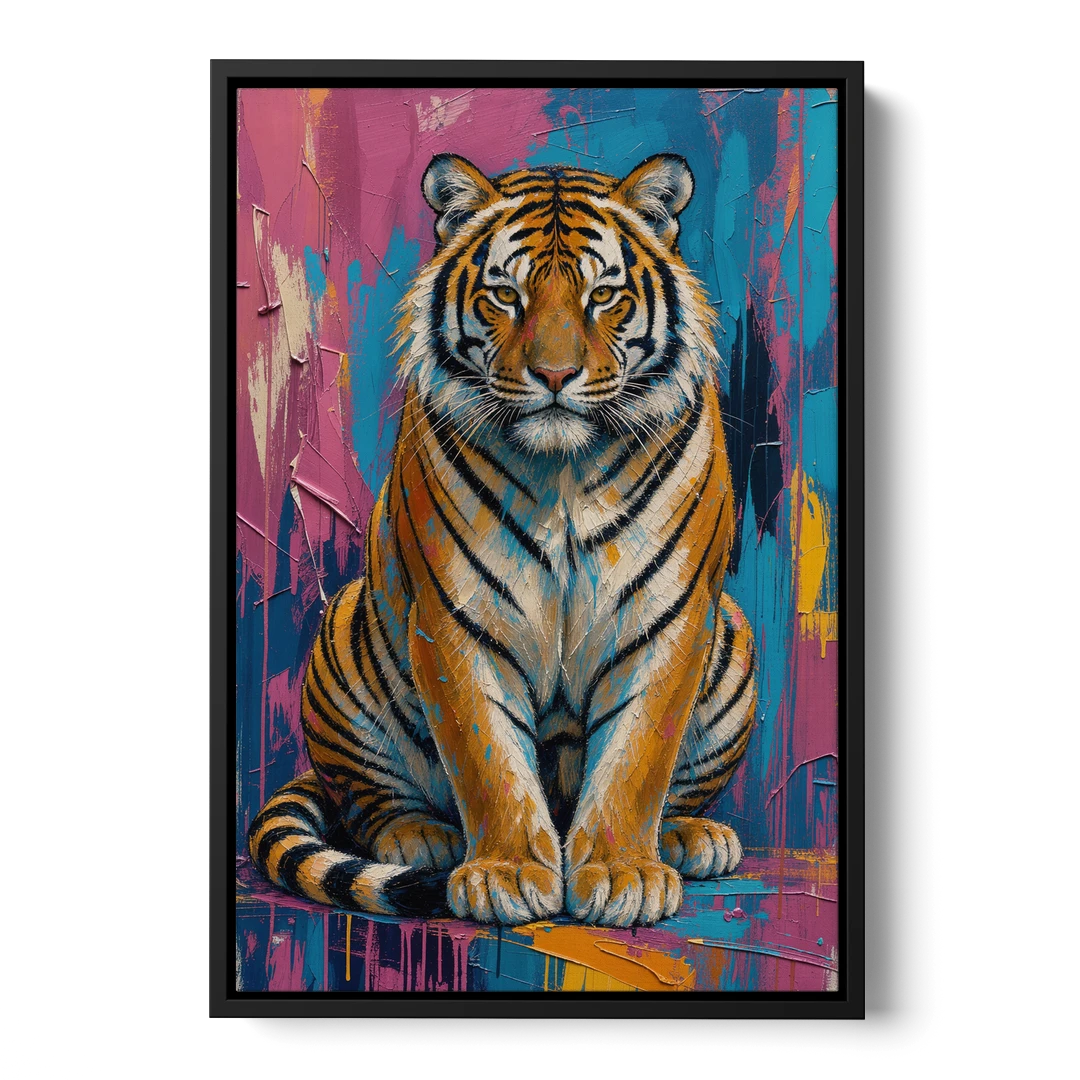 Seated Tiger in Pink and Turquoise Strokes - Black Framed Canvas Wall Art - Front