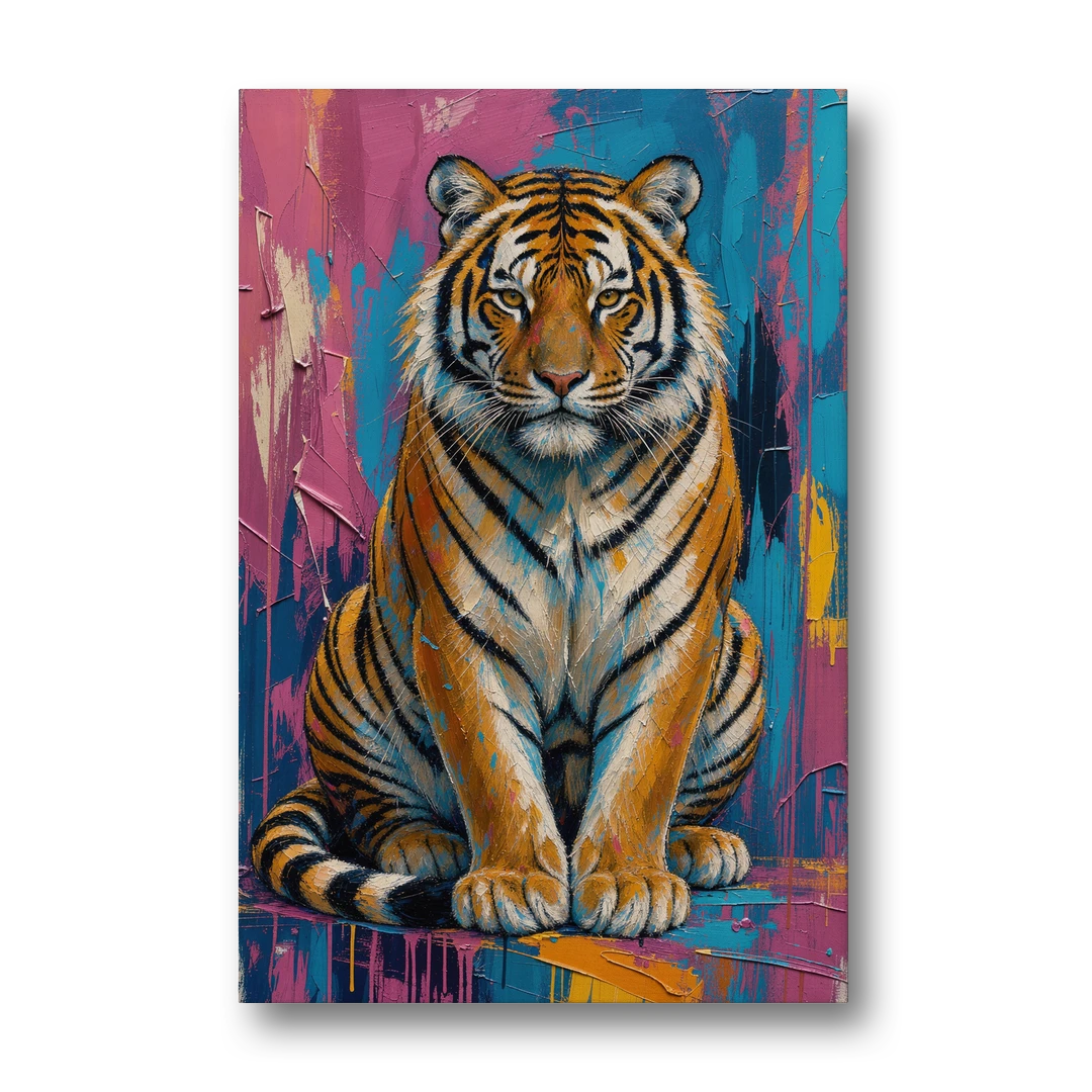 Seated Tiger in Pink and Turquoise Strokes - Canvas Wall Art - Front