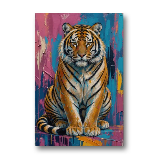 Seated Tiger in Pink and Turquoise Strokes - Canvas Wall Art - Front