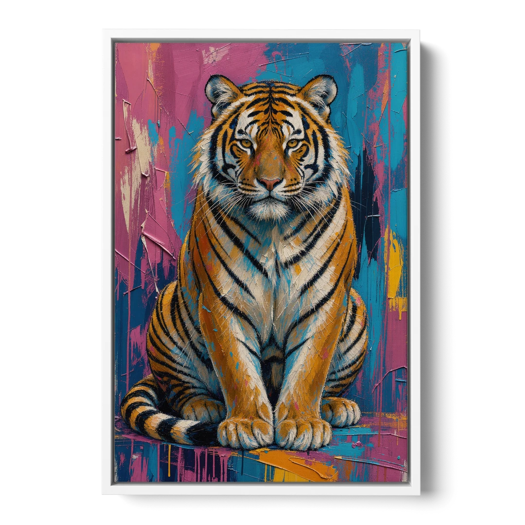 Seated Tiger in Pink and Turquoise Strokes - White Framed Canvas Wall Art - Front