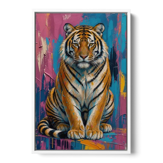 Seated Tiger in Pink and Turquoise Strokes - White Framed Canvas Wall Art - Front