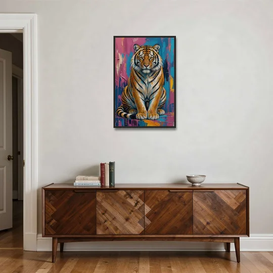 Seated Tiger in Pink and Turquoise Strokes - Black Framed Canvas Wall Art - Coffee Table - 24x36