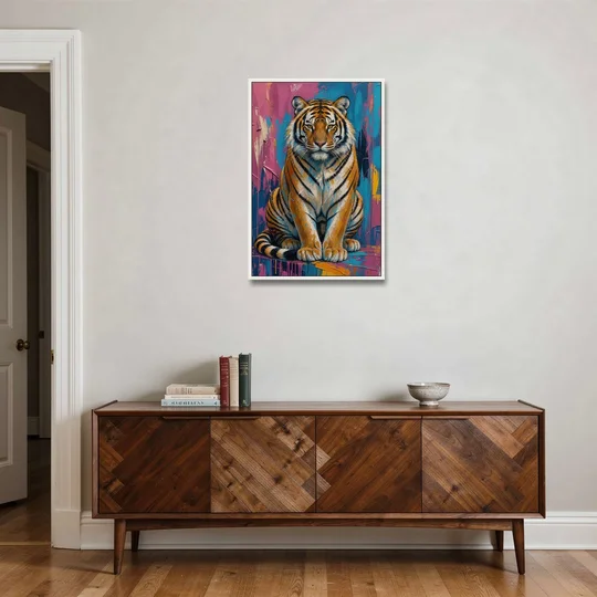 Seated Tiger in Pink and Turquoise Strokes - White Framed Canvas Wall Art - Coffee Table - 24x36