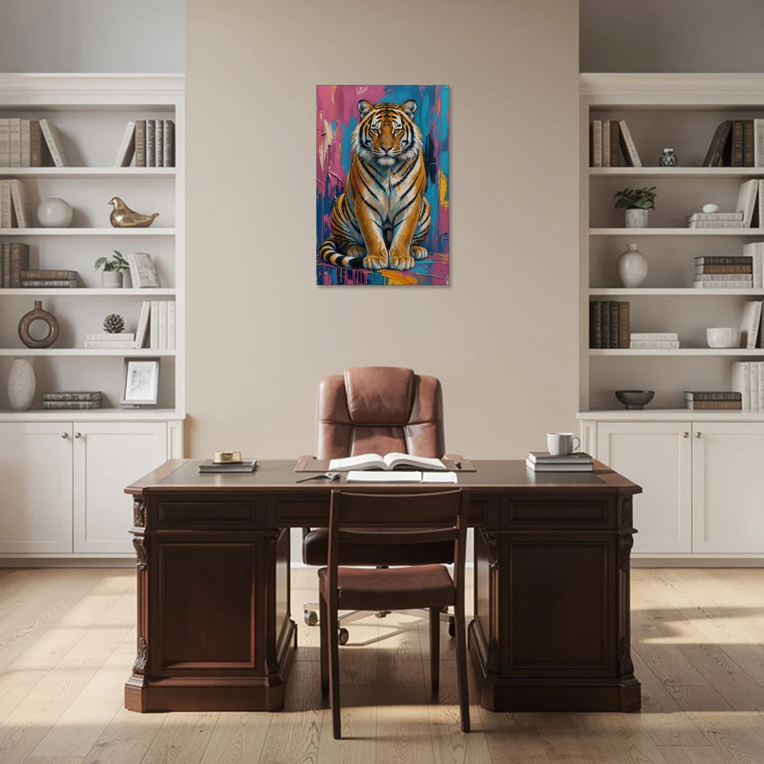 Seated Tiger in Pink and Turquoise Strokes - Canvas Wall Art - Office - 24x36