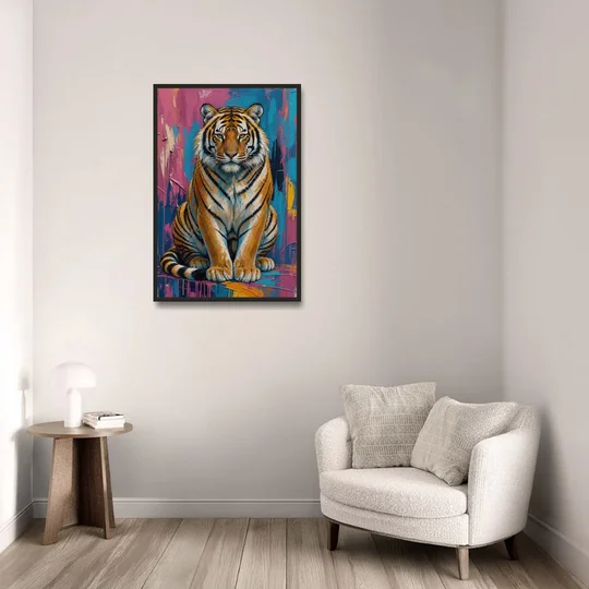 Seated Tiger in Pink and Turquoise Strokes - Black Framed Canvas Wall Art - Sofa - 24x36