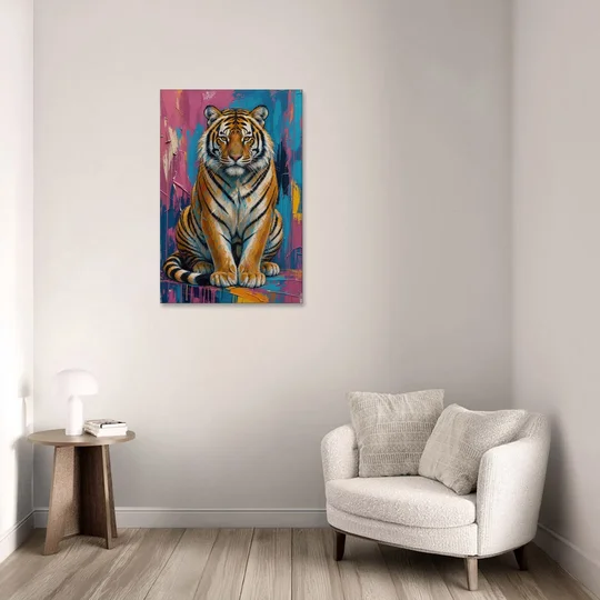 Seated Tiger in Pink and Turquoise Strokes - Canvas Wall Art - Sofa - 24x36