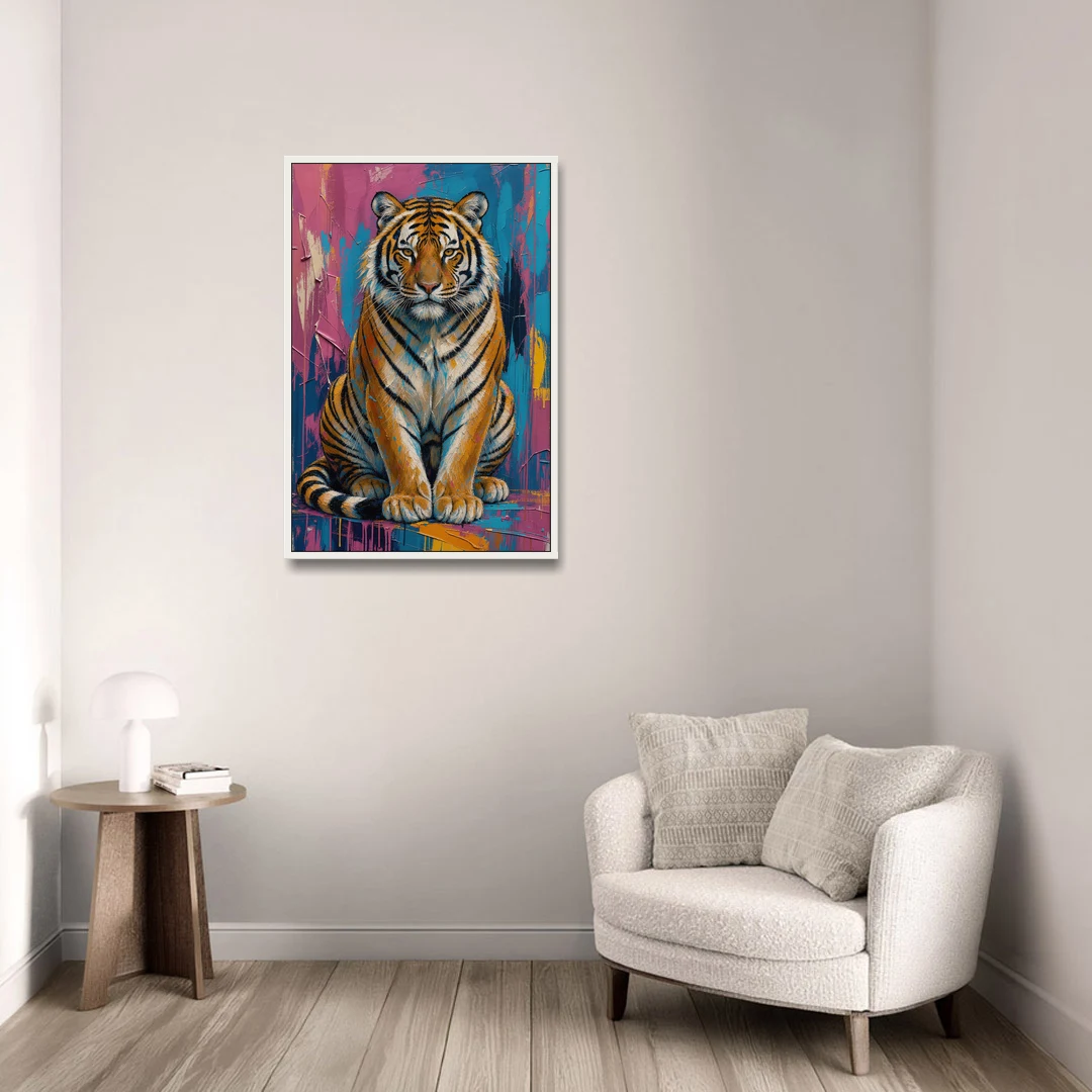Seated Tiger in Pink and Turquoise Strokes - White Framed Canvas Wall Art - Sofa - 24x36