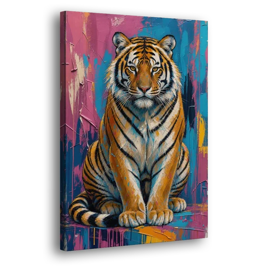 Seated Tiger in Pink and Turquoise Strokes - Canvas Wall Art - Side