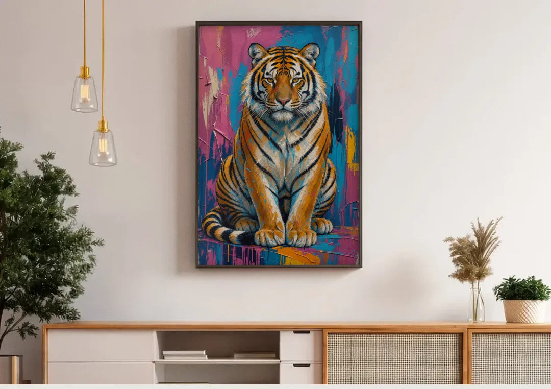 Seated Tiger in Pink and Turquoise Strokes canvas wall art above a wooden sideboard under pendant lights