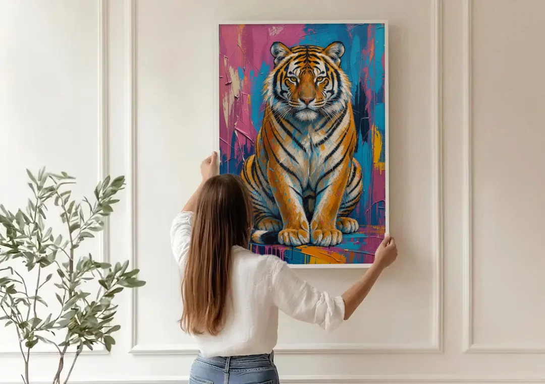 Seated Tiger in Pink and Turquoise Strokes canvas wall art being hung on a paneled wall