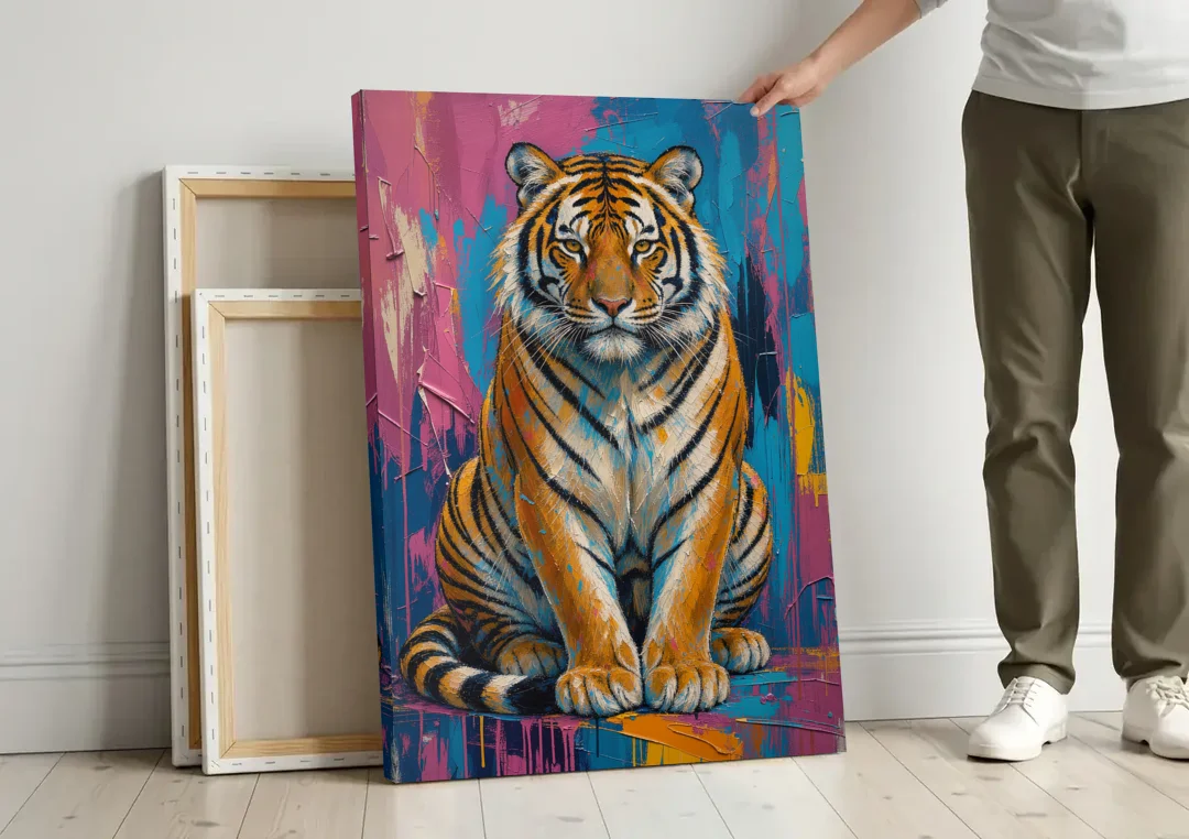 Seated Tiger in Pink and Turquoise Strokes canvas wall art leaning against a wall next to blank canvases