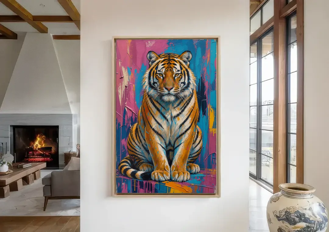 Seated Tiger in Pink and Turquoise Strokes canvas wall art in a living room with a fireplace