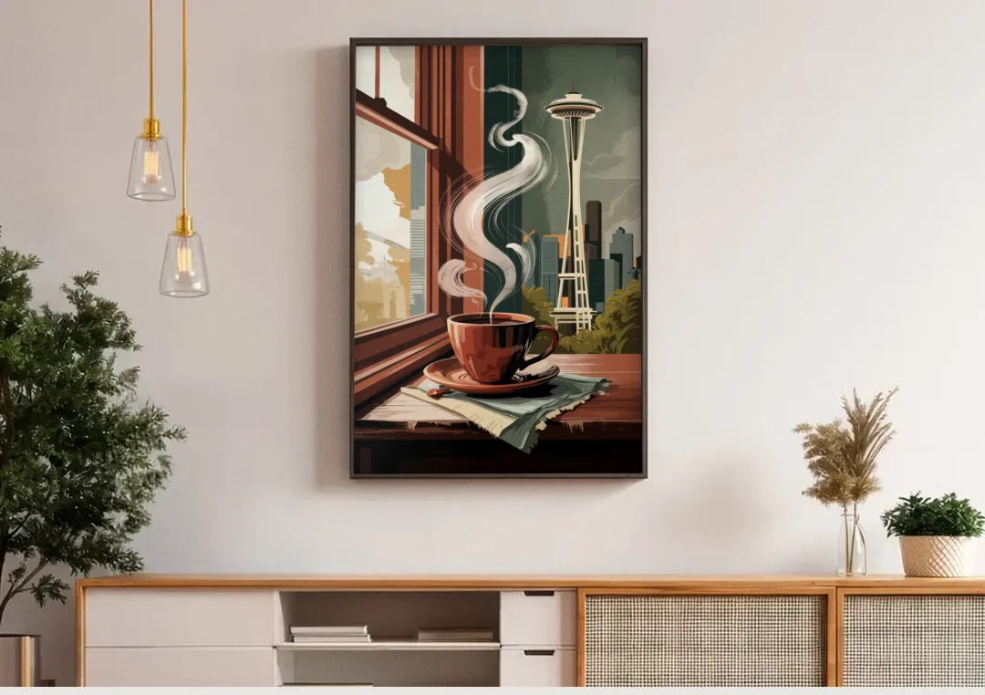 Seattle Coffee Culture Vibes canvas wall art above a wooden sideboard under pendant lights