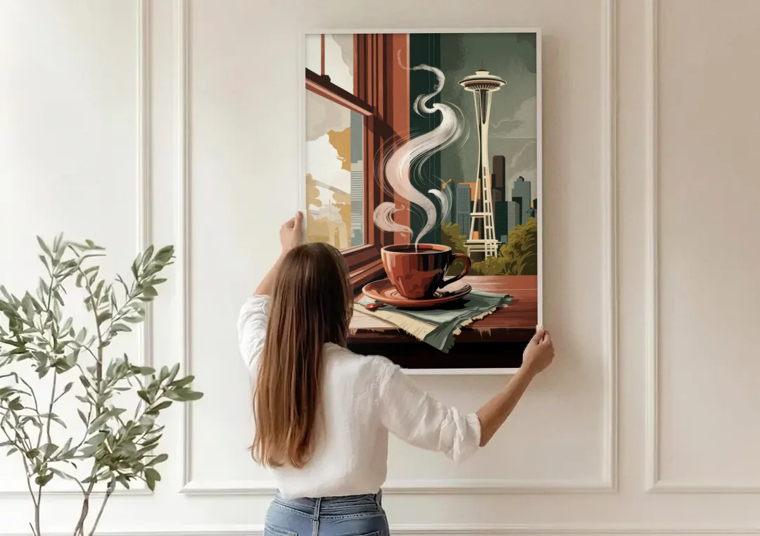 Seattle Coffee Culture Vibes canvas wall art being hung on a paneled wall