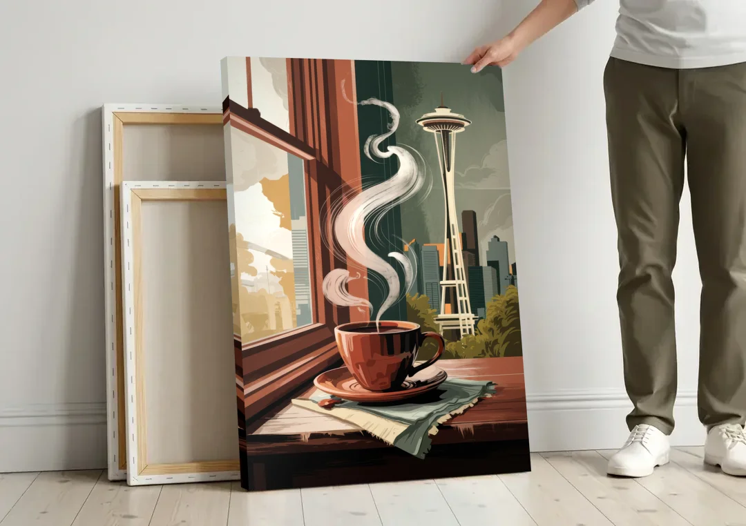 Seattle Coffee Culture Vibes canvas wall art leaning against a wall next to blank canvases