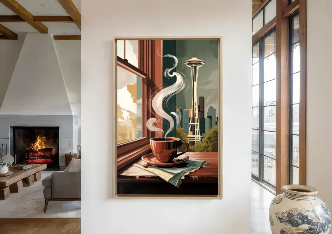 Seattle Coffee Culture Vibes canvas wall art in a living room with a fireplace