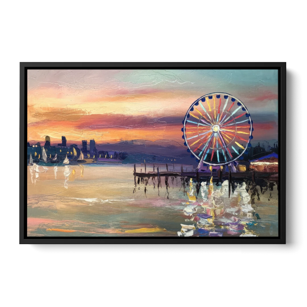Seattle Harbor With Ferris Wheel - Black Framed Canvas Wall Art - Front