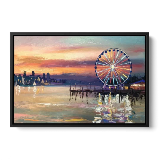 Seattle Harbor With Ferris Wheel - Black Framed Canvas Wall Art - Front