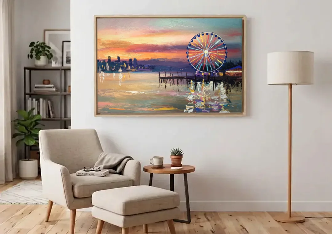 Seattle Harbor With Ferris Wheel canvas wall art above an armchair in a bright living room