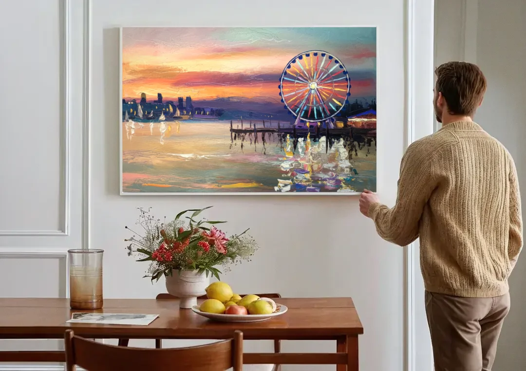 Seattle Harbor With Ferris Wheel canvas wall art above a dining table