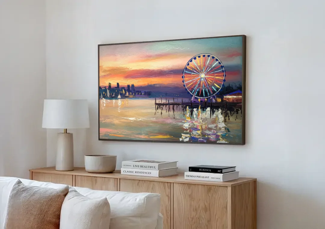 Seattle Harbor With Ferris Wheel canvas wall art above a wooden sideboard next to a sofa